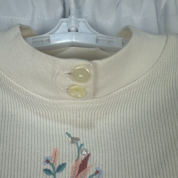 Vintage Teddi Womens Embroidered Floral Sweater Long Sleeve Large Cream Ribbed - Picture 3 of 10